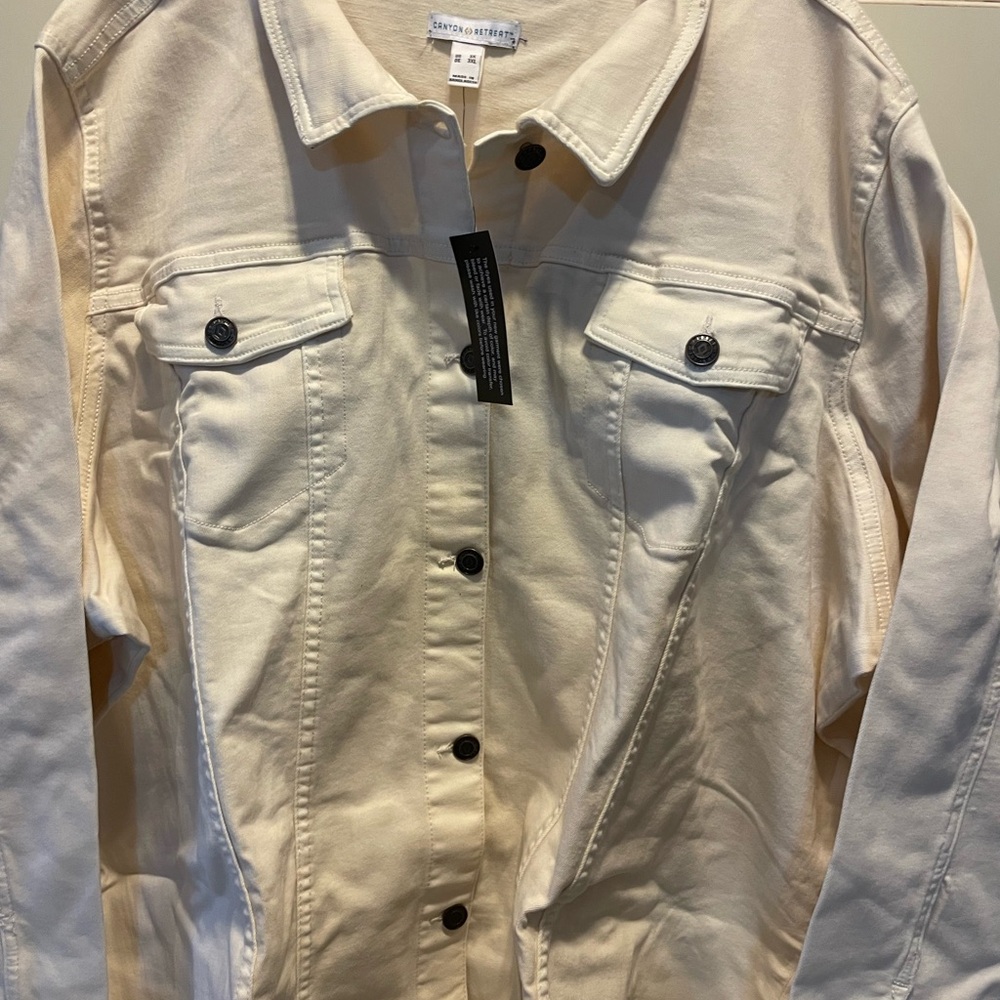 Denim & Co Denim Jacket Sz 3X NWT Canyon Retreat Beige Logo Buttons Pockets